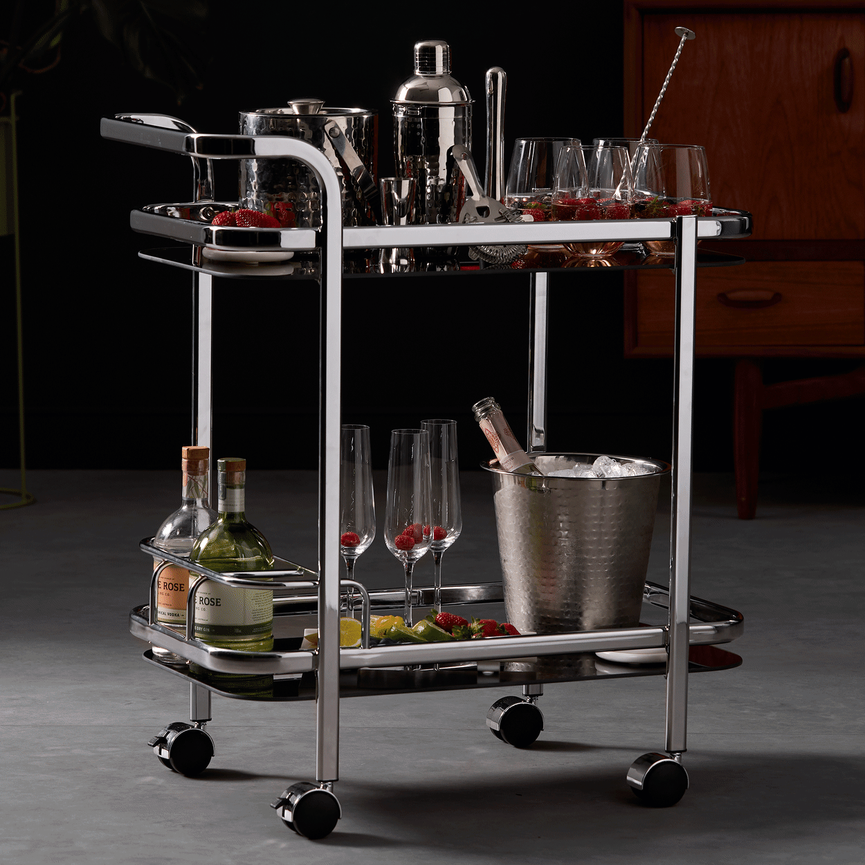Branson Bar Cart with Bottle Holder Silver Black Image 2