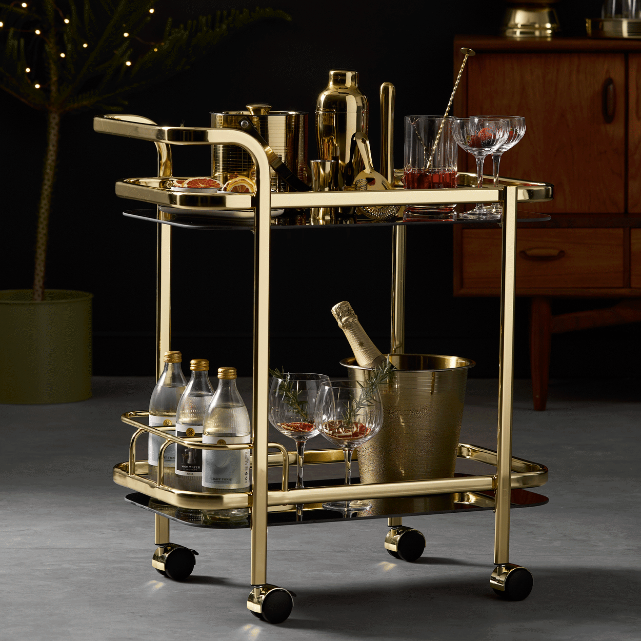 Windsor Bar Cart with Bottle Holder Gold Black Image 2