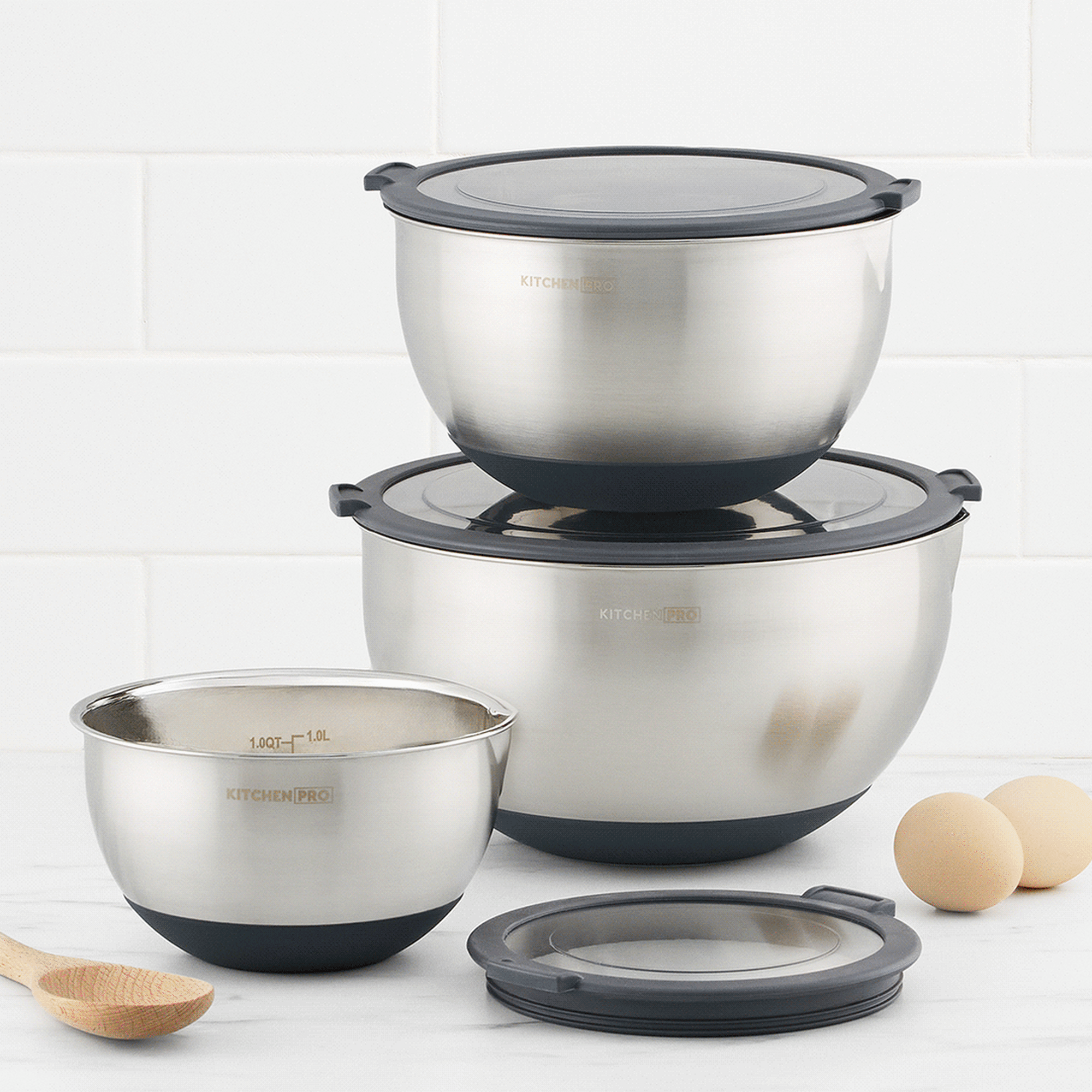 Kitchen Pro Mixwell Mixing Bowl with Clear Lid Set 3pc Grey Image 6