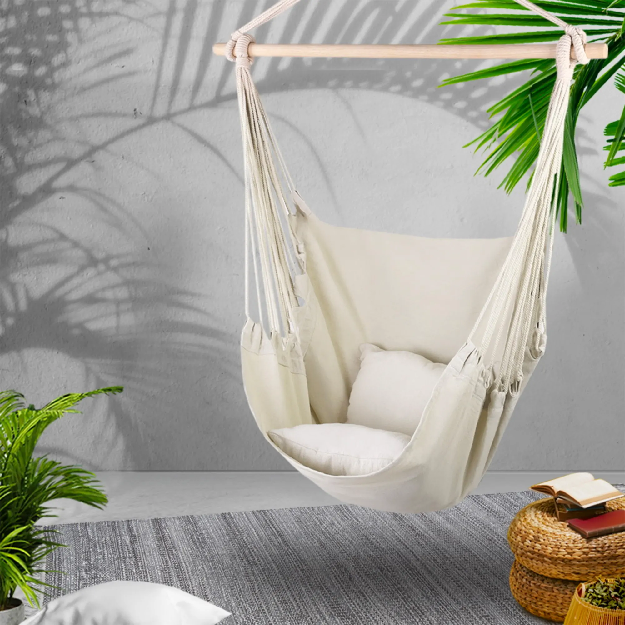 Gardeon Swing Chair Hammock with 2 Cushions Cream Image 2